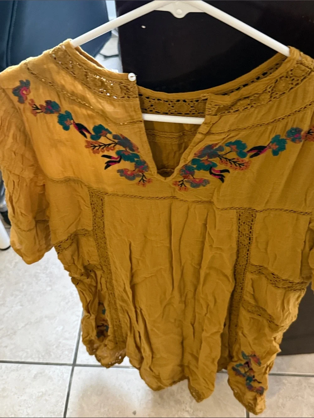 Free People Mustard Yellow Embroidered Boho Blouse